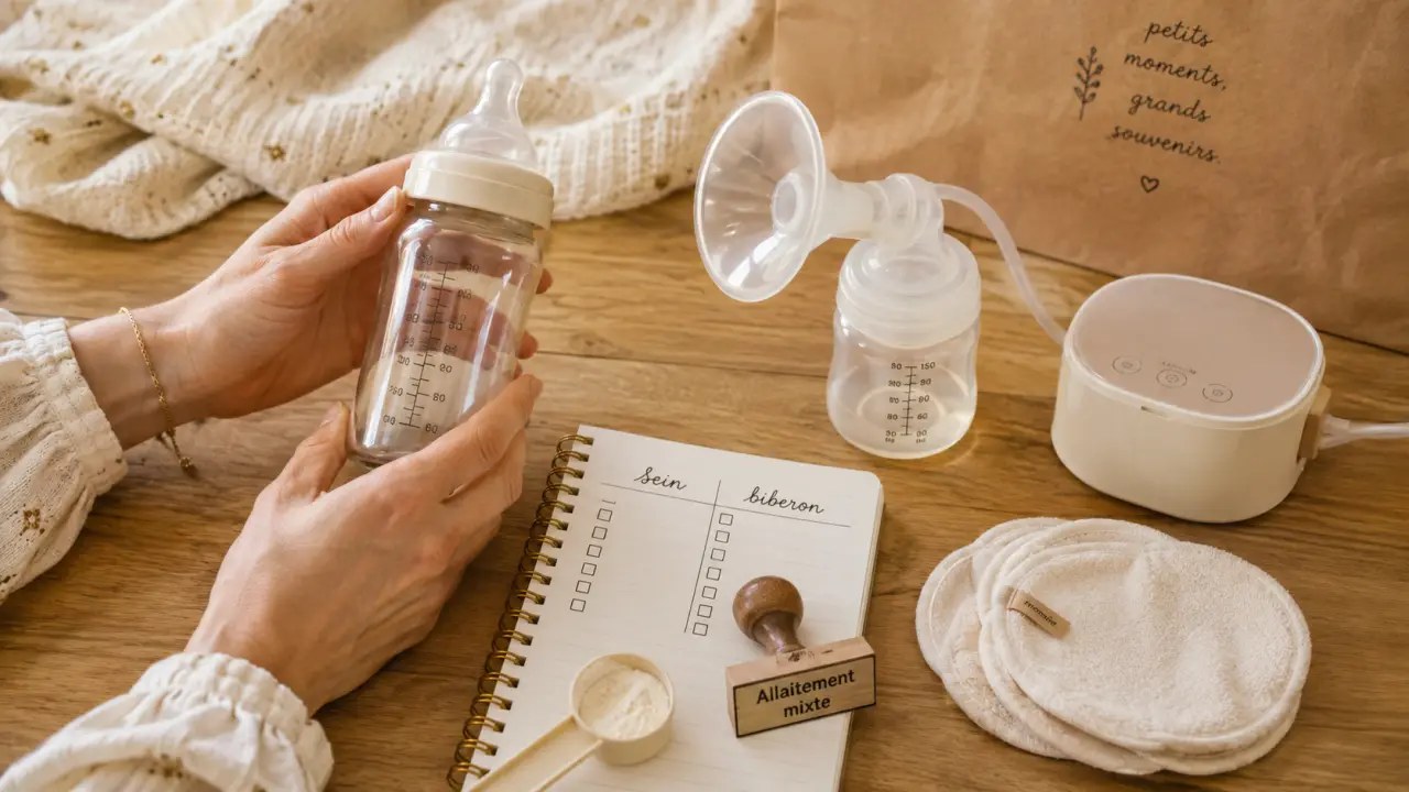 Mère donnant un biberon de complément à son bébé après une tétée au sein