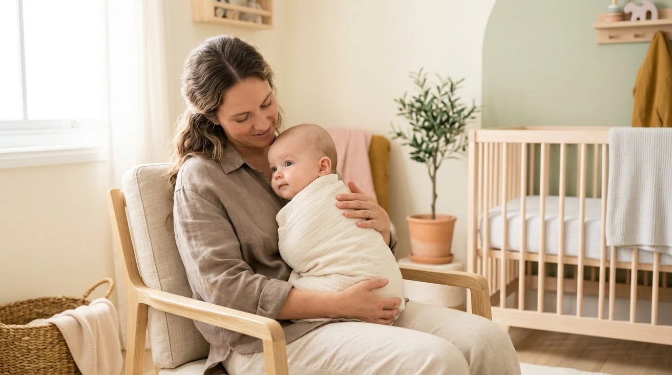 Bébé gardé bien droit dans les bras de son parent après la tétée, moment où le hoquet survient le plus souvent