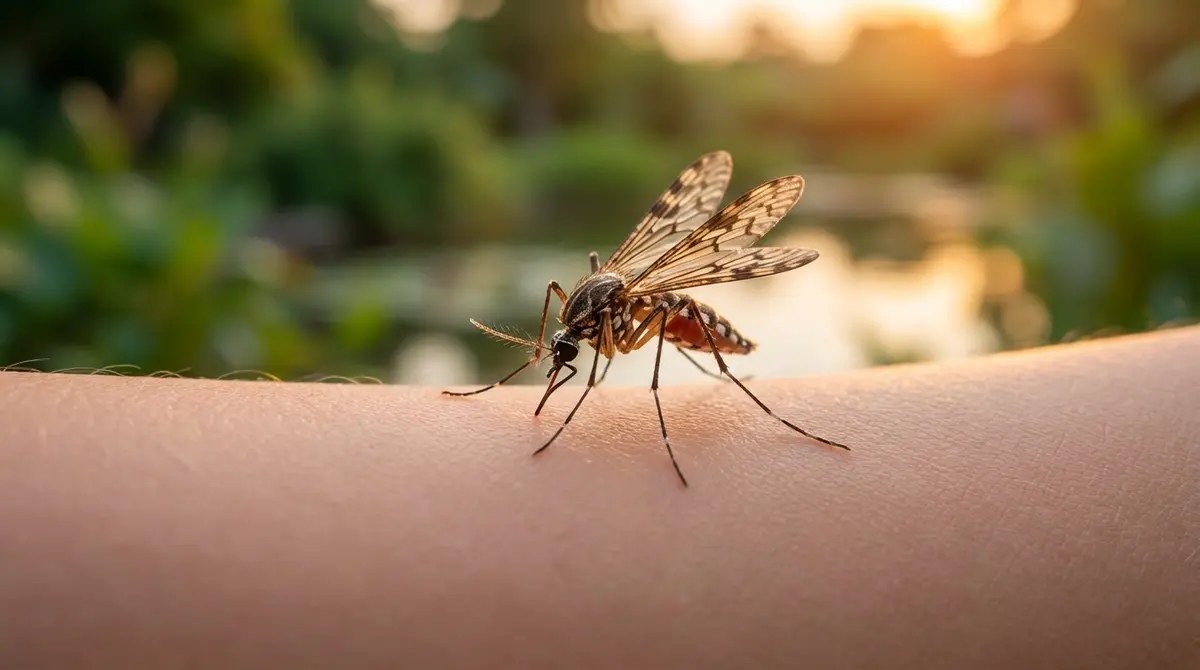 Moustique femelle en train de piquer la peau d'un bras