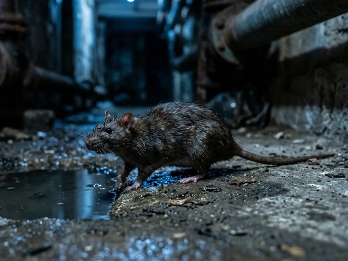 Rat gris près d'une flaque d'eau douce, réservoir de la bactérie responsable de la leptospirose